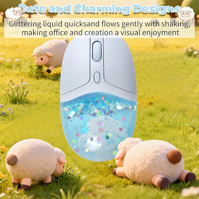 Wireless Mouse with Liquid Quicksand Sequins 2.4GHz &amp Bluetooth Dual Mode Rechargeable Silent Cute Aqua Mouse with LED Light Portable Water Mice for Laptop PC Tablet MacBook Kids Adults Gift (Blue