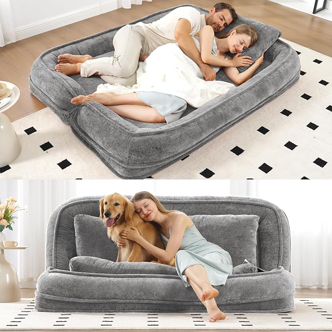 Floor Chair with Back Support Human Dog Bed Folding Loveseat with 5 Adjustable Position 2 Pillows Chenille Meditation Gaming Chair for Lazy Boys Living Room Lounge Bedroom Light Grey