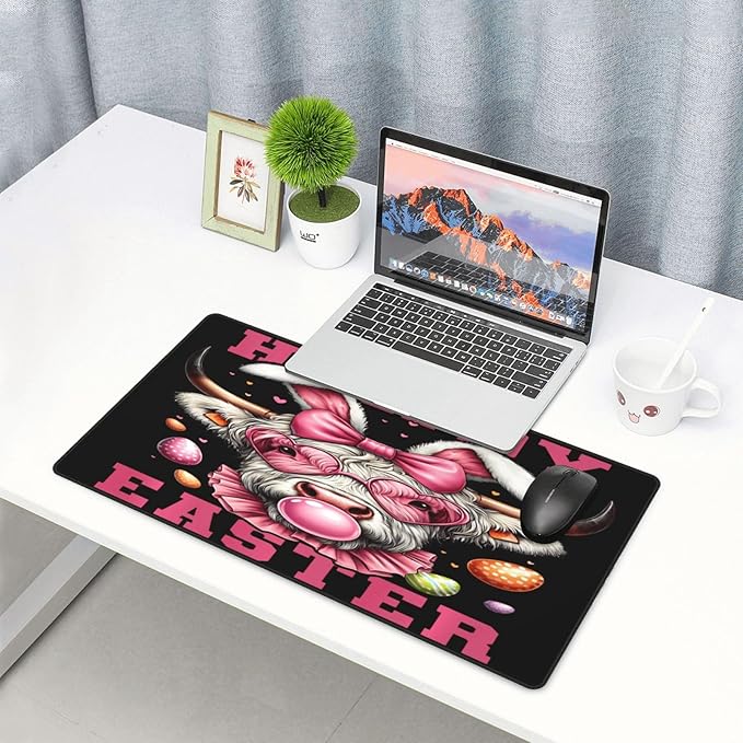 Easter Highland Cow with Bunny Ears Eggs Mouse Pad Non Slip Large Desk Keyboard Mat Gaming Protection Pad 16X29.5 Inch