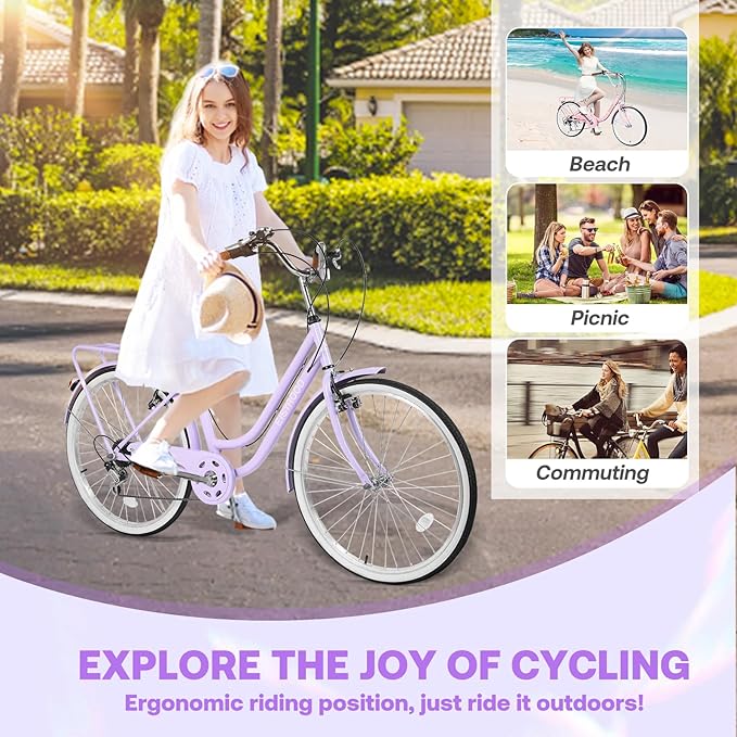 26 Women's Cruiser Bike 7-Speed City Bike Duable Bar Featuring Convenient Basket &amp Rack Perfect Adult Bicycle for Commuting Leisure and Stylish Comfortable Rides Purple
