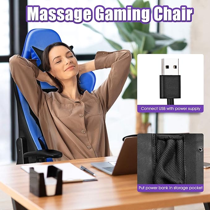 Giantex Massage Gaming Chair Ergonomic Video Game Chair with Footrest High Back E-Sport Computer Chair with Headrest &amp Massager Lumbar Support PU Leather Gaming Seat (Blue)