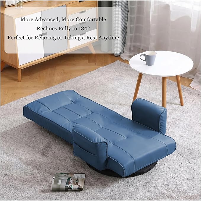 FLOGUOR 360° Swivel Gaming Floor Chair with Armrests – 14-Position Adjustable Folding Floor Sofa Lounger Padded Backrest Multi-Angle Recline for Home Living Room &amp Office (Blue)