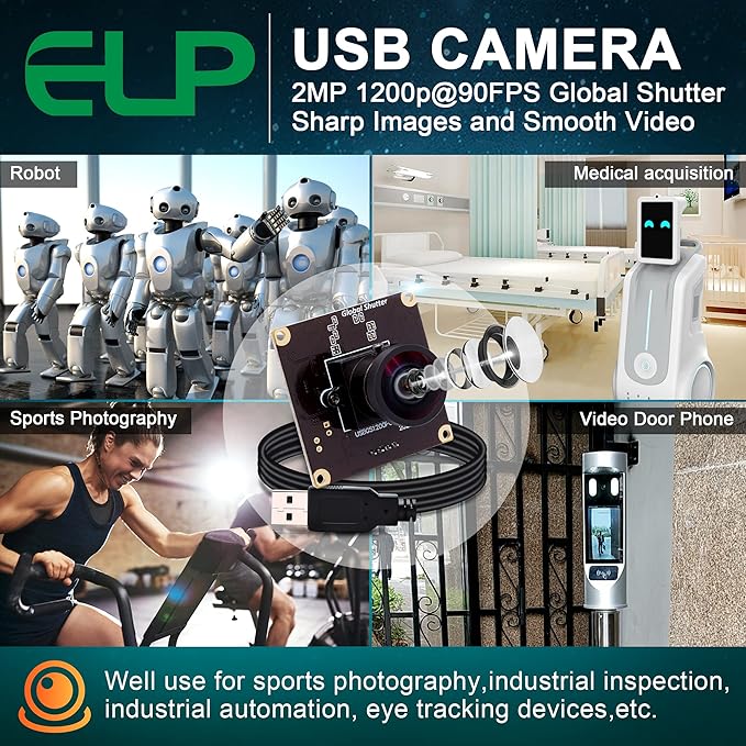 Global Shutter USB Camera 90fps High Speed Cam Module 120 Degree No Distortion Lens 1200P Golf Swing Industrial Embedded for Computer Jetson Nano Laptop Raspberry Pi