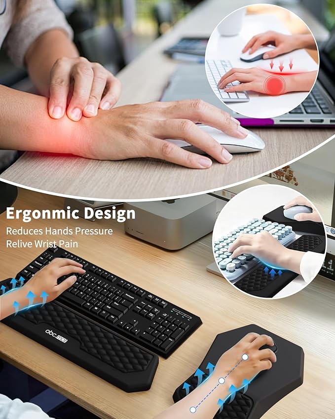 Ergonomic Mouse Pad and Keyboard Wrist Rest Support Set Massage Design Mousepad for Carpal Tunnel Pain Relief Memory Foam Non-Slip PU Base for Computer Desk Black