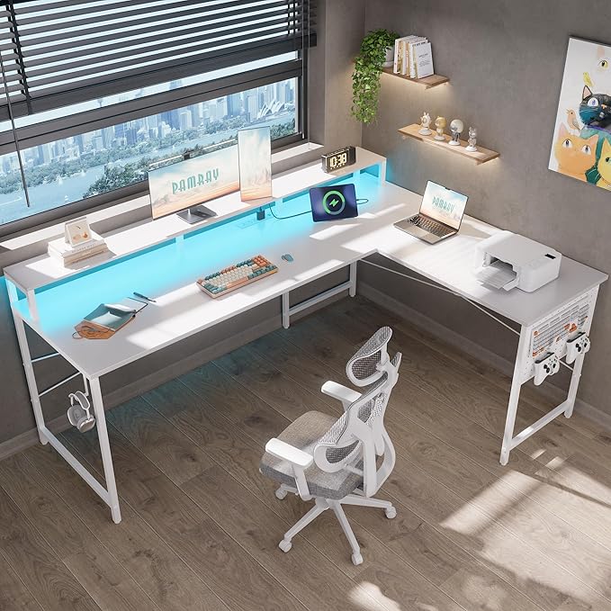 Pamray 64 Inch L Shaped Gaming Desk with Power Outlets and Led Lights Large Corner Computer Desk with Monitor Stand and Pegboard PC Table for Home Office and Bedroom White