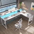 Pamray 64 Inch L Shaped Gaming Desk with Power Outlets and Led Lights Large Corner Computer Desk with Monitor Stand and Pegboard PC Table for Home Office and Bedroom White