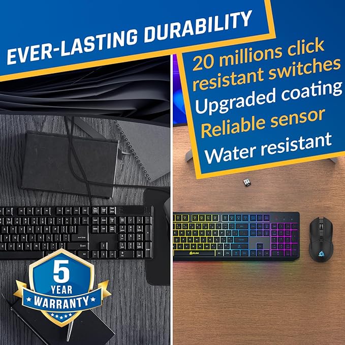 KLIM Chroma Wireless Keyboard and Mouse – RGB Backlit Gaming Combo Rechargeable Wireless Keyboard &amp RGB Mouse Durable &amp Ergonomic Dual USB Receivers Compatible with PC Mac PS4 PS5