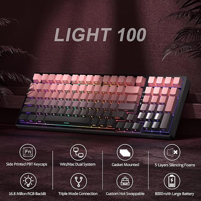 MageGee LIGHT100 Wireless Creamy Keyboard Gasket Structure Hot Swappable 2.4G/USB-C/BT5.0 RGB Backlit Mechanical Gaming Keyboard for Win/Mac/PC 8000mAh Battery Side Printed PBT Keycap Pink