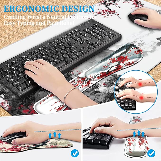AQQA Japanese Desk Mat Set Large Gaming Mouse Pad with Wrist Rest Ergonomic Mouse Pad Keyboard Mat Wrist SupportPhone HolderCup CoasterHome Office Desk Accessories Decor Supplies Cherry Blossom