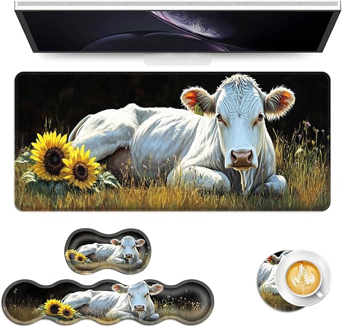 Keyboard Mouse Pad Set Extended Gaming Mouse Pad+Ergonomics Keyboard Wrist Rest Support Memory Foam Easy Typing Pain Relief 4Pcs XL Ultra Thick Desk MatWhite Cow Sunflowers
