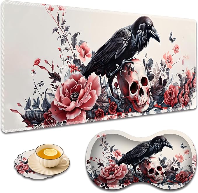 Large Game Mouse Pad + Wrist Support Pad + Coffee Coaster Desk Pad with Sewn Edges Anti-Slip Set pad Suitable for Office Work and Home - Rose Skull