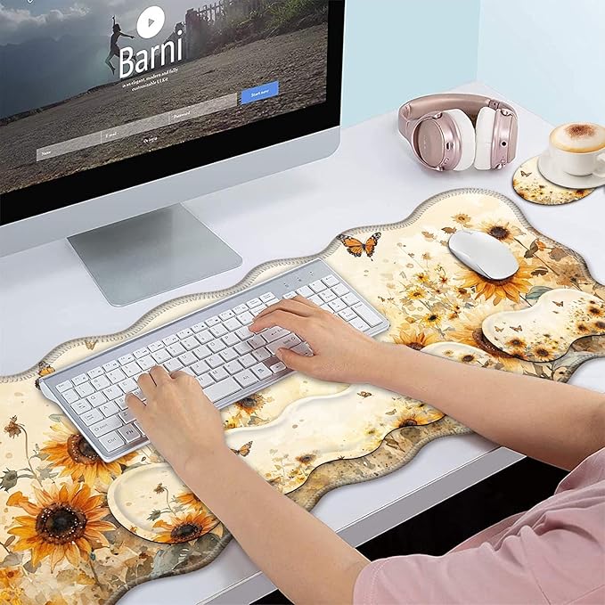 Bxgolkgd Desk Mat SetMouse Pad with Keyboard Wrist Rest &amp Mouse Wrist RestWave-Shaped DesignNon-Slip Rubber BaseErgonomic Desk Mat for HomeOfficeGamingSunflower Butterfly