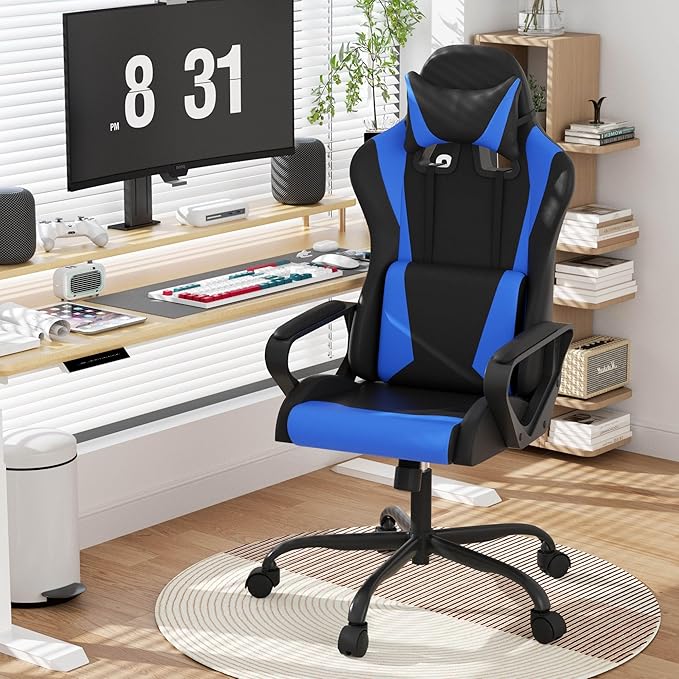 Gaming ChairSwivel Rolling Gaming Chair for AdultsErgonomic PC Gaming Chair BlueHeight Adjustable Computer ChairPU Leather Computer Chair with Headrest and Lumbar Support