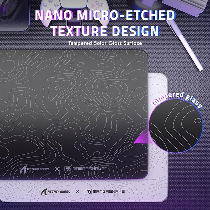 ATTACK SHARK CM05SE Glass Gaming Mouse Pad Black Topographic Hard Mousepads for Gaming Professional Large Mouse Mat 410mm*310mm*5mm Nano-Textured Glass Surface with Improved Precision and Speed