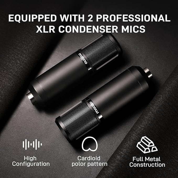 MAONO Podcast Equipment Bundle for 2: Audio Interface Mixer with 2 XLR Condenser Mic and 2 Headphone Podcast Streaming MaonoCaster E2 Gen2+2*PM320T+2*MH700