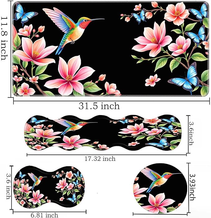Keyboard Mouse Pad SetLarge Desk Pad+Keyboard Wrist Rest+Mouse Wrist Support+CoasterEasy Typing Pain Relief Non-Slip Wrist Support Mousepad Set Home OfficeHummingbird Blossom