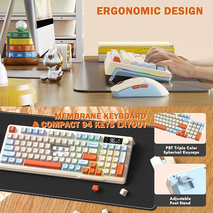 ZIYOU LANG T96 Wireless Gaming Keyboard and Mouse ComboDual Bluetooth/2.4G RGB Backlit Mechanical Feeling Keyboard with Smart Display &amp Knob4000 DPI Gaming Mouse for PC Laptop Mac Wins-Blueberry