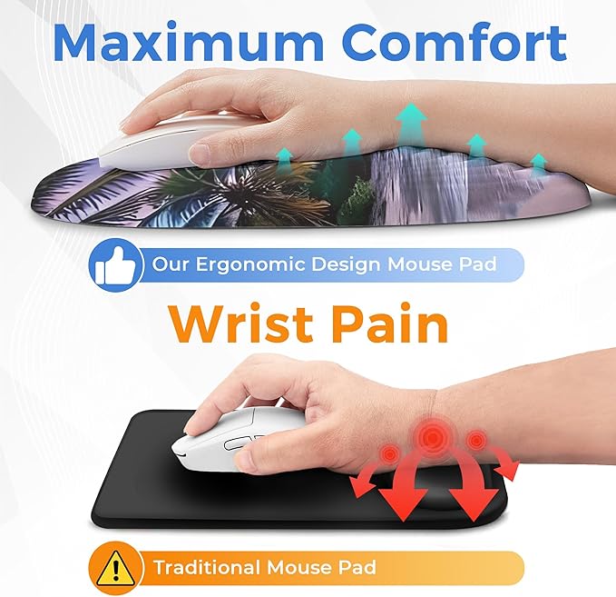 Ergonomic Mouse Pad with Wrist Support Memory Foam Wrist Rest for Pain Relief &amp Carpal Tunnel Non-Slip Base for Office Computer PC Laptop (12x8x1.2inch Sunset Beach)