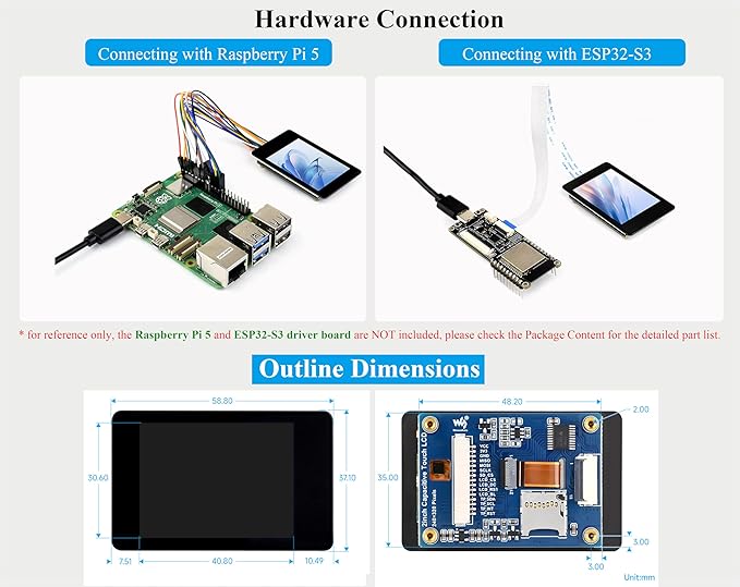 2inch IPS Display 240x320 Capacitive Touch Screen Compatible with Raspberry Pi 5/4B/3B+/Zero/Zero 2W/Pico/Pico W/Pico 2/ESP32 262K Colors ST7789T3 Display Driver and CST816D Touch Controller