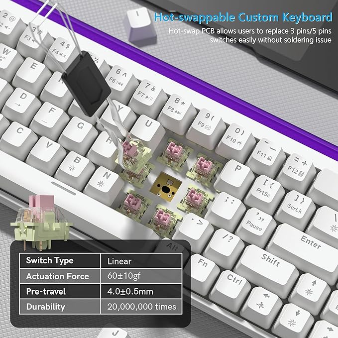 Womier 60% Percent Keyboard with Light Box Wired Keyboard Gaming Mechanical with MCA Keycaps OEM Profile Programable 64 Keys Hot Swap RGB Cream Key Board for PC Computer Win/MAC (WK68 PRO-White)