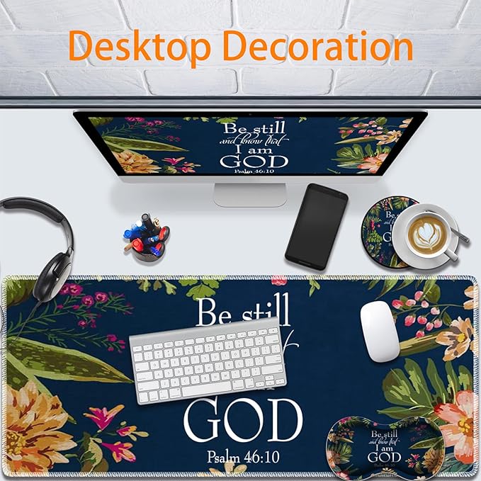 Durable Desk Mat + Wrist Rest Pad + Coasters Set Large Gaming Office Mouse Pad 31.5 x 11.8 Extended Non-Slip Rubber Keyboard Pad Laptop &amp Home Christian Psalm 46-10