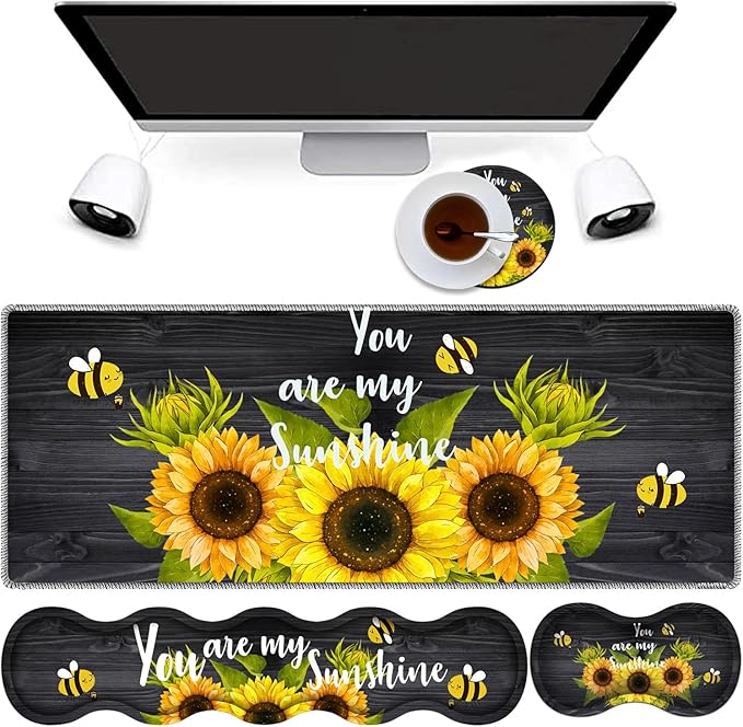 4 in 1 Mouse Pad Combo Large Gaming Mouse Pad + Keyboard Wrist Support + Mouse Wrist Rest + Coaster Table Pad with Stitched Edge Ergonomic Wrist Pad Set Sunflower You are My Sunshine