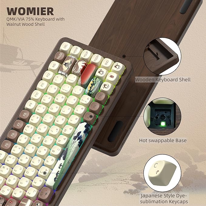 Womier 75% Wireless Creamy Keyboard with Wood Shell QMK/VIA WD75 V2 Retro Mechanical Gaming Keyboard 8000mAh Battery Tri-Mode Custom Key Board RGB Hot Swappable MOA Japanese Keycap-Linear Switch