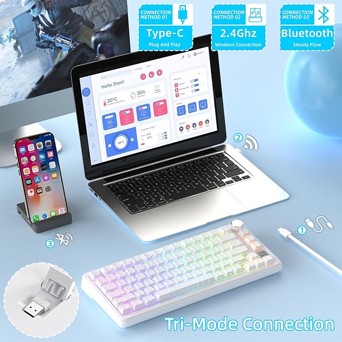 ATTACK SHARK X85PRO 75% Wireless Mechanical KeyboardTFT Smart Display &amp KnobBT/2.4GHz/Wired Gaming KeyboardContour Side Print Shine-through KeycapsRGBHot-Swapwith Pro Cable for PC/MAC (Whit