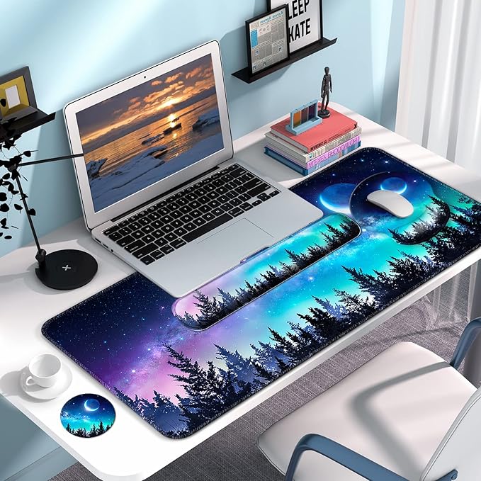Mouse Pad + Desk Mat + Keyboard Wrist Rest + Coaster 4 in 1 Set Cute Ergonomic Large Gaming Mousepad with Wrist Rest Support Desk Pad for Computer Laptop Office Home Decor-Forest Moon
