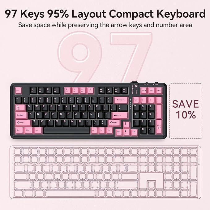 AUSDOM 98Pro Silent Wireless Mechanical Keyboard Tri-Mode BT/2.4G/USB-C Hot Swappable Custom Quiet Keyboard with Backlit Gasket Structure PBT KeycapsPre-lubed Tactile Switches(Black &amp Pink-Sil