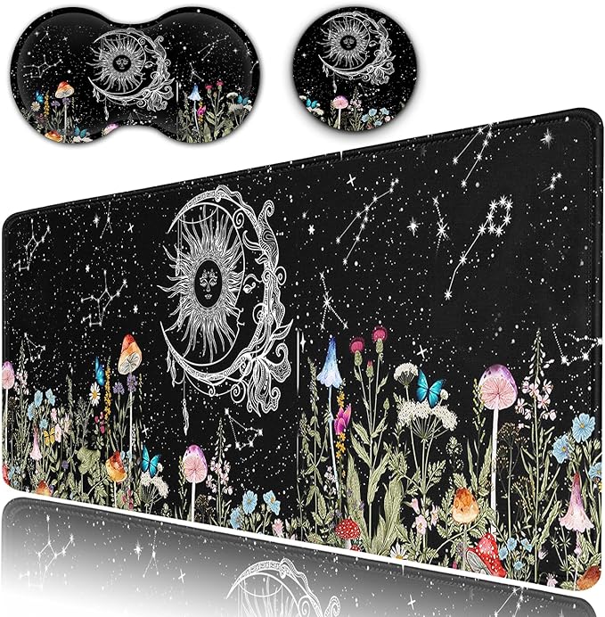 Desk Pad Extended Large Mouse Pad with Stitched Edges (31.5X11.8In) Ergonomic Mouse Wrist Rest Waterproof Computer Keyboard Mouse Mat Wildflowers Butterfly Starry Sky XXL Black Gaming Mouse Pad