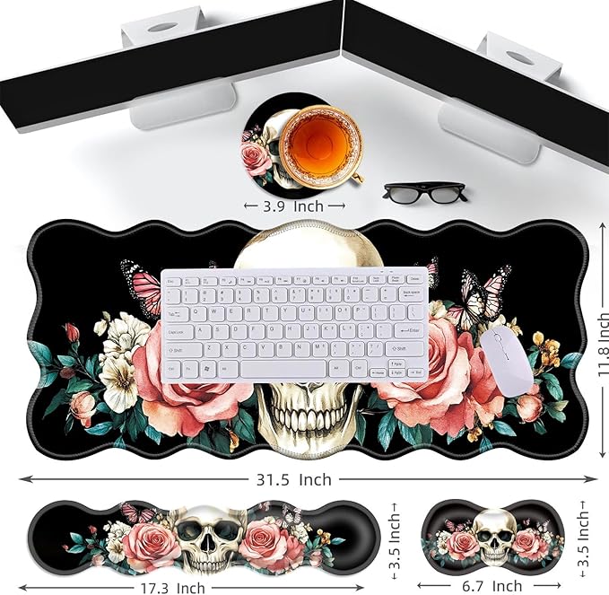 Large Gaming Mouse Pad Keyboard Wrist Rest Pad &amp Wrist Support Mousepad Set Stitched Edge Extended Non-Slip Base Memory Foam Desk Mat for Office HomeFloral Skull