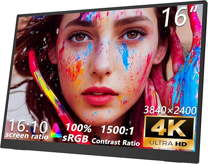 16” Portable Monitor 4K UHD 3840×2400 400 Nits 1500:1 Contrast Gaming DisplayIPS HDR External Second Screen4K Portable Monitor for Laptop/Mac/PC/PS5/Xbox with Speakers StandVESA Compatible