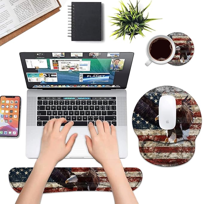 Keyboard Wrist Rest and Mouse Pad Wrist Support Set with Coasters Non-Slip PU Base Easy Typing and Relieve Wrist Pain Perfect for Home Office Working Studying Military Wall Graffiti USA Flag Eagle