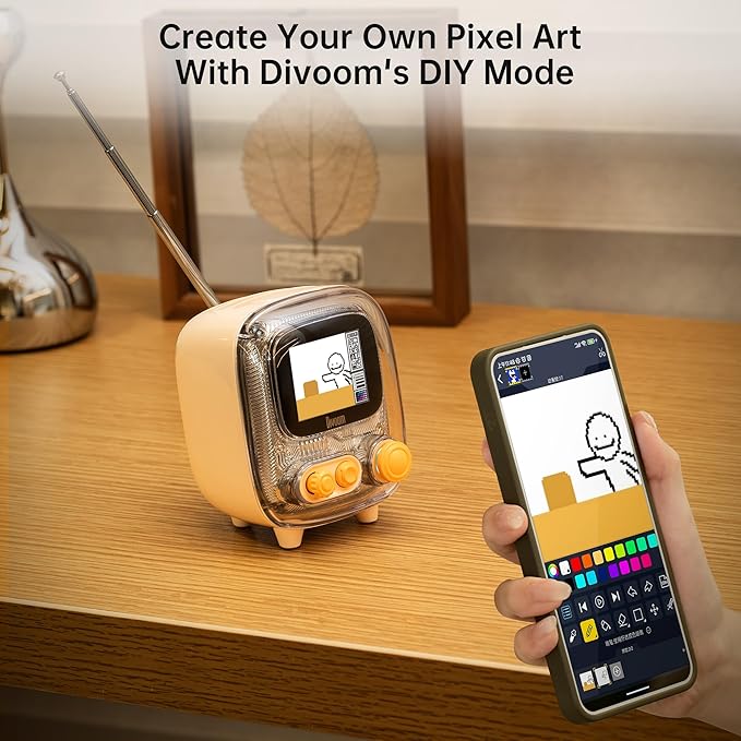 Divoom Tiivoo-2 Retro Pixel Bluetooth Speaker with USB-C/TF Playback Custom Pixel Art Display Alarm Clock &amp White Noise Sleep Mode Desk Setup for Home Office Gifts for Women Men Cream