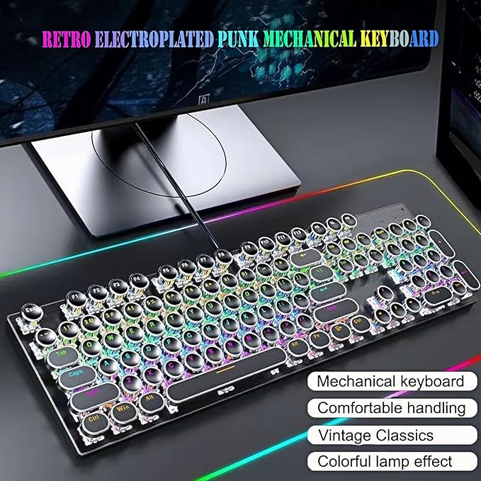 Guiheng Wired Typewriter Style Mechanical Gaming Keyboard Black Retro Punk Gaming Keyboard with RGB Backlit 104 Keys Blue Switch Wired Cute Keyboards Round Keycaps for Windows/Mac/PC