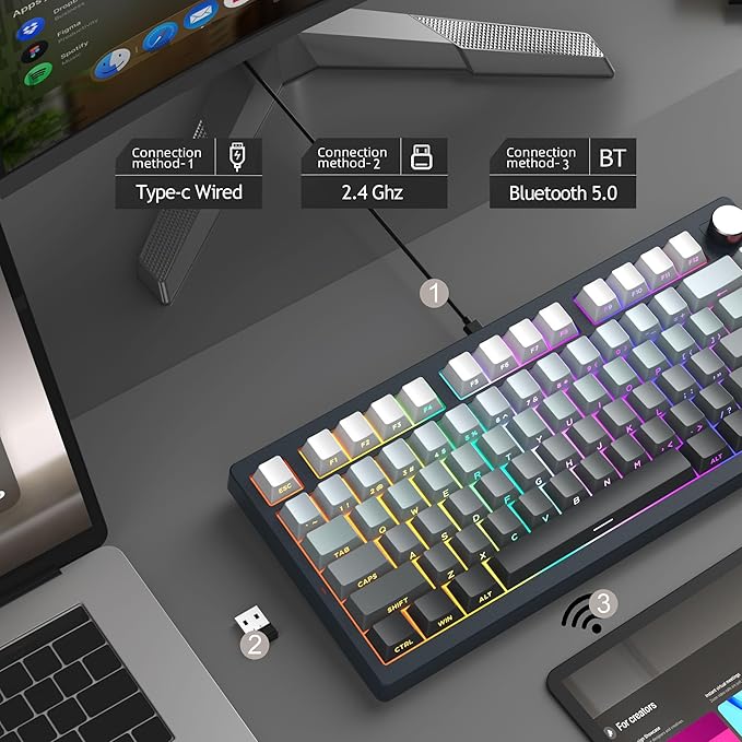 MageGee LIGHT75 Wireless Creamy Keyboard Tri-Mode Bluetooth/2.4GHz/USB-C RGB Backlit Gasket Hot Swappable Custom Gaming Keyboard for Win/Mac/PC with Knob Side Printed PBT Keycaps Black