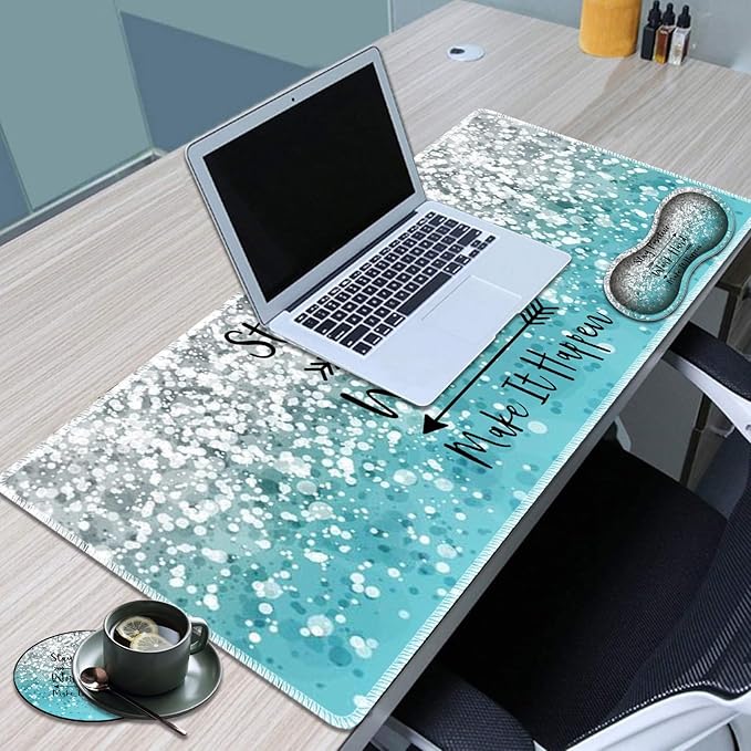 Large Game Mouse Pad + Wrist Support Pad + Coffee Coaster Blue Flash Bible Pattern Foldable Table Mat with Stitched Edge Non-Slip Set Pad Suitable for Office Work and Home