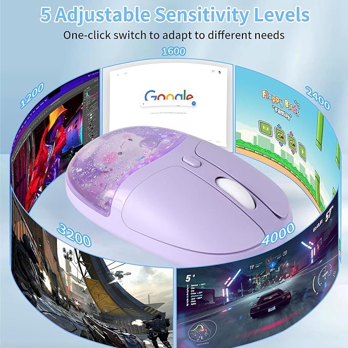 Wireless Mouse with Liquid Quicksand Sequins 2.4GHz &amp Bluetooth Dual Mode Rechargeable Silent Cute Aqua Mouse with LED Light Portable Water Mice for Laptop PC Tablet MacBook Kids Adults Gift (Purp