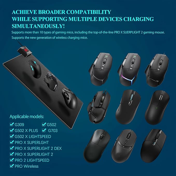 Wireless Charging Mouse Pad for Logitech G Pro X Superlight 2/1 G502 G703 Lightspeed Plug-and-Play Slip-Resistant Base Continuous Charging for Gaming - Powerplay Alternative (Not for G903)