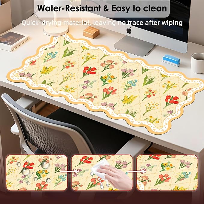 Idocolors Desk Mat for Keyboard and Mouse Large Aesthetic Scalloped Desktop MatCute Washable Non-Slip Computer Desk Mouse Pad for Office Home 31.5x15.7 Yellow Flower