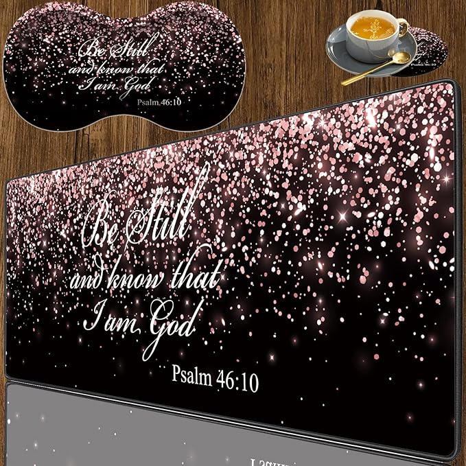 3 Piece Mouse Pad Set with Stitched Edge Large Anti-Slip Mouse Pad Desk Pad Keyboard Pad + Wrist Rest Pad + Coaster Memory Foam Wrist Rest for Office/Home - Rose Gold Glitter Black Psalm46:10