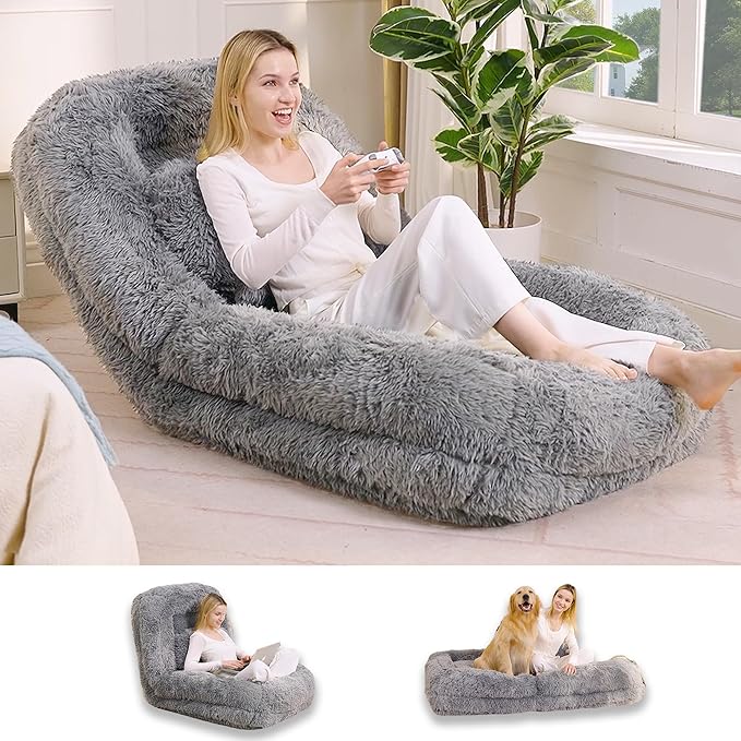 Floor Chair with Back Support Human Dog Bed with 5 Adjustable Position Convertible Lazy Floor Lounger Comfy Gaming Chair Plush Folding Sofa Bed for Adult Living Room Bedroom Light Gray