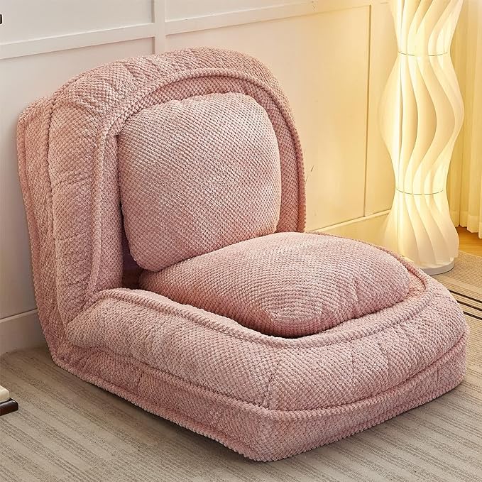 Floor Chair with Back Support Folding Sofa Chair with 5 Adjustable Position Plush Floor Gaming Chair Meditation Chair for Lazy Boys Human Dog Bed for Living Room Bedroom Lounge Pink