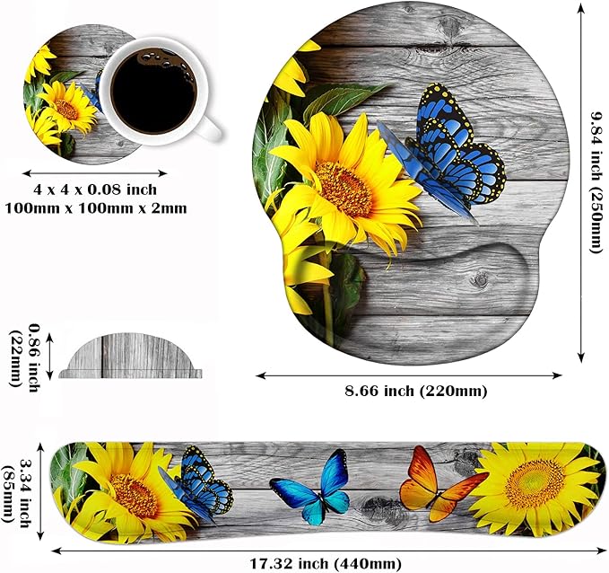Keyboard Wrist Rest and Mouse Pad Wrist Rest Support Non-Slip PU Base Ergonomic Gaming Mousepad for Home Office Working Studying Easy Typing &amp Pain Relief - Sunflower and Purple Butterfly