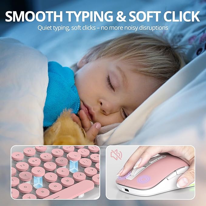 Backlit Pink Keyboard and Mouse Wireless 2.4GHz Light Up Typewriter Rechargeable Quiet Keyboard Cordless with USB Receiver for PC/Laptop(Pink)