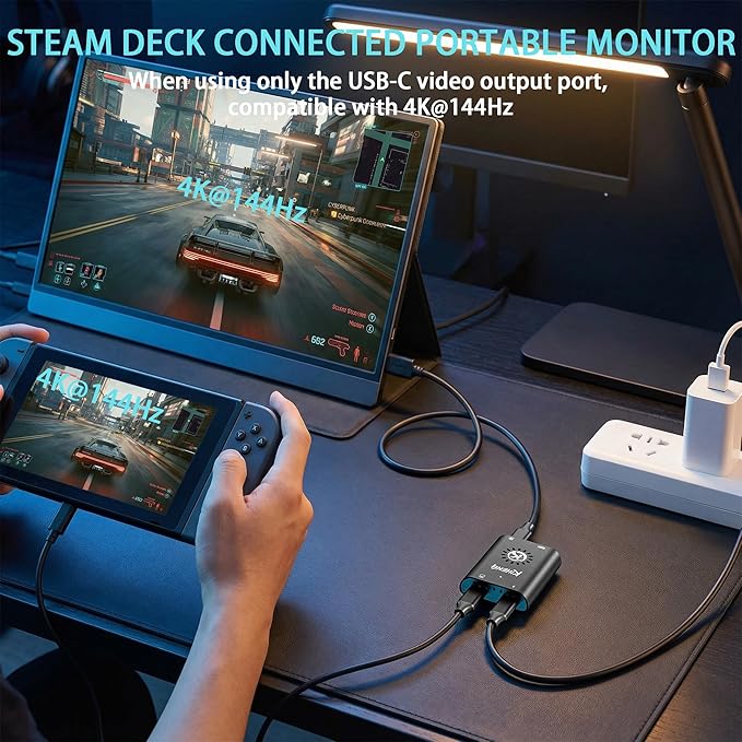 USB C to HDMI and USB C Dual-Display Adapter Power to Xreal/Viture/RayNeo AR Glasses or HDMI/Type C Monitors While Charging for Steam Deck ROG Ally Switch Compatible 4K 144Hz|Built-in Cooling Fan