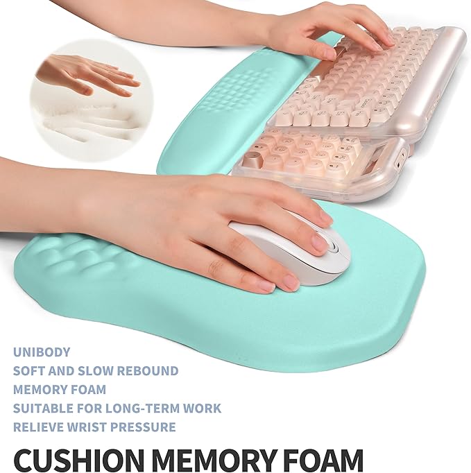 2-in-1 Ergonomic Set Wave Keyboard Wrist Rest and Massage Slope Mouse Pad Wrist Support Rebound Memory Foam for Relieve Carpal Tunnel Syndrome and Wrist Pain (Light Blue)