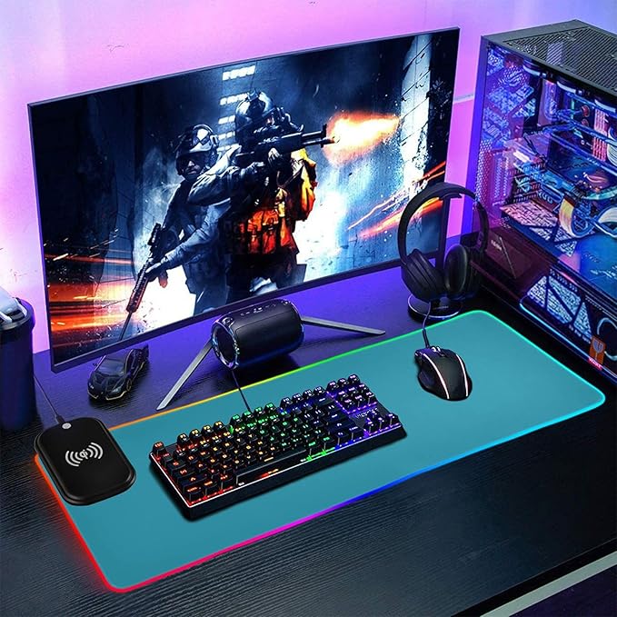 Blue Mouse Pad Gaming Mousepad Non Slip Desk Mat Wireless Charging RGB Computer Mouse Pads Keyboard Mats Pad for Office Home Desktop 35.4 x 15.7 in