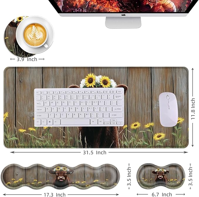 Mouse PadLarge Desk Mat Set 4in1 XL Mousepad + Keyboard Wrist Rest+Mouse Wrist Rest+Coaster with Ergonomic Desk Pad for Home Office Table Computer Cover -Calf with Sunflower Crown
